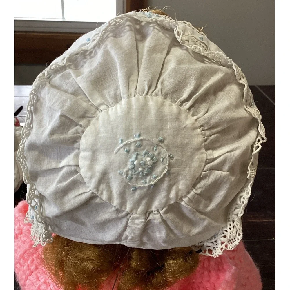 Vintage Handmade White Blue Embroidery And Lace Baby Or Doll Bonnet